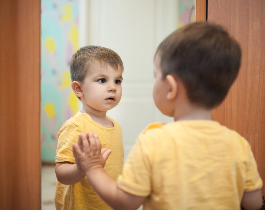 Boy looking at self in mirror