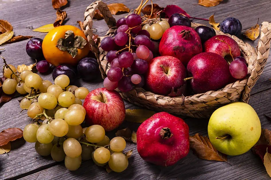various fruits and a basket