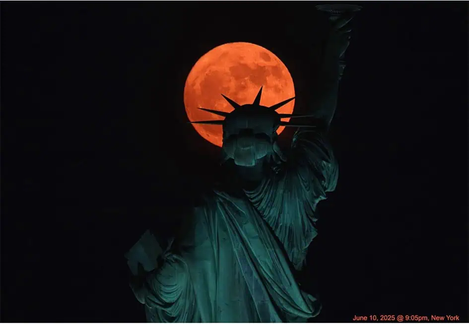 Strawberry Full Moon In Front of the Statue of Liberty.
